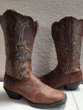 Justin Stampede Durant Western Square Toe Brown Leather Cowgirl Boots, Sz 6.5B